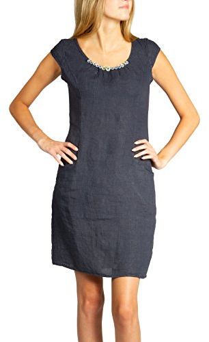 Caspar SKL018 knielanges Damen Sommer Leinenkleid mit Perlmutt Knöpfe Dekor, Farbe:dunkelblau, Größe:XXL - DE44 UK16 IT48 ES46 US14