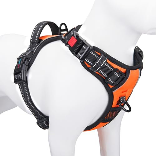 PHOEPET Hundegeschirr ohne Zug für kleine Hunde Reflektierende Weste mit verstellbarem Clip vorne mit Griff 2 Metallringe 3 Schnallen [Einfach an- und auszuziehen] (L, Orange)