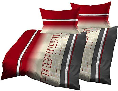 Gerald Wittmann 4teilig Bettwäsche-Set 2X 140x200 cm + 2X 70x90 cm, Baumwolle Waffel-Piqué, Kariert Rot Beige Grau