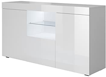 MB Muebles Bonitos, Aparador Sefora con Luz LED para Salón Comedor Moderno, Mueble TV de Melamina Brillo, Color Blanco, 135x72x34 cm