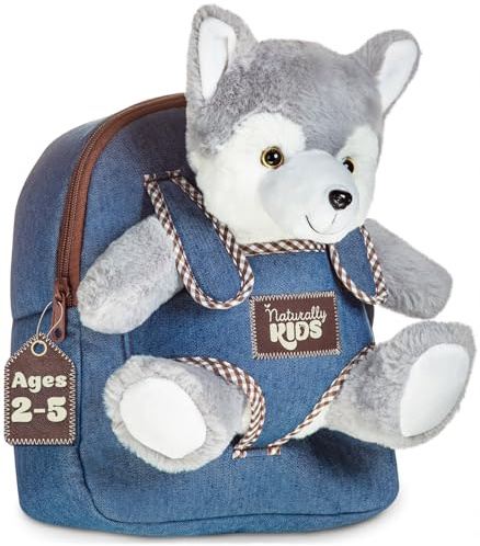 Naturally KIDS Toddler Backpack w. Plush Wolf Toy, Kids Gift 2 3 4 5