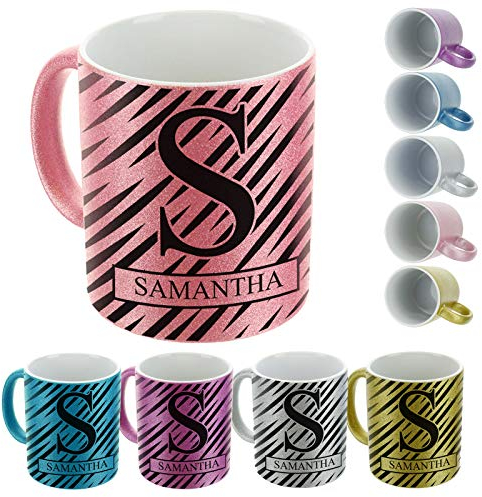 Personalised Mug and Milk Chocolate Easter Egg Gift Set, Customised with Name,Ceramic 11oz Gold, Silver, Blue, Pink Glitter Mug with Zebra Stripe Initial an Boxed Name Design, Coffee Cup, Tea Mug