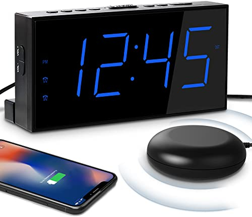Mesqool Loud Alarm Clock with Bed Shaker for Deaf, Heavy Sleepers, Hearing Impaired,Dual Alarm,USB Phone Charger,Large LED Display,Big Snooze Button,DST 12/24H,Battery Backup, Adjustable Dimmer(Blue)