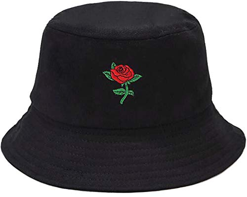 XYIYI Black Embroidered Rose Bucket Hat Fashion Beach Cap Sun Hats for Women Teens Girls