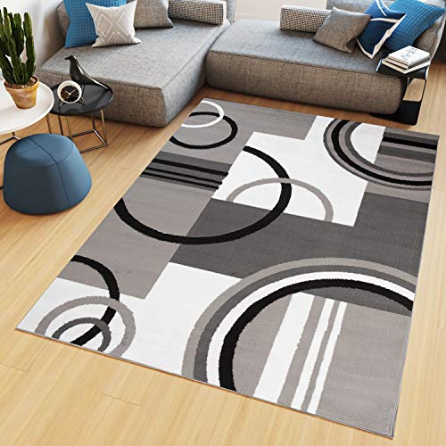 TAPISO Maya Kollektion Teppich Kurzflor Modern Vierecke Kreise Streifen Figuren Design Schwarz Grau Weiß Wohnzimmer Schlafzimmer Büro ÖKOTEX 140 x 200 cm