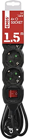 EMOS - 4-Fach Steckdosenleiste 1,5m - mit Schalter - 4 Schuko-Steckdosen 45° gedreht - 250 V, 16 A, 3680 W - PVC-Isolierung - H05VV-F3G 1,5 mm2 - erhöhter Berührungsschutz - IP20 für Innen - schwarz