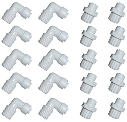 MALIDA Schnellverbinder-Stecker-Adapter, Winkel- und gerade Kombination, 3/8-Zoll-NPT-Gewinde x 1/4-Zoll-Rohr OD Push-to-Connect-Armaturen, für Wasserfilter-Reinigungssysteme (20 Stück)