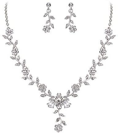 Clearine Damen Hochzeit Schmuck Set Blatt Cluster Blume Kristall Anhänger Halskette baumeln Ohrringe für Braut Klar Silber Ton