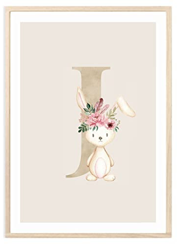 MeinBaby123® Buchstaben Poster DIN A4 Kinderzimmer Mädchen und Junge | Babyzimmer Deko | Bilder Kinderzimmer | Geschenkideen zur Geburt | Geburtsposter | Anfangsbuchstabe Poster J (Hase - J)