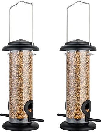 iBorn 2 Stück Metall-Vogelfutterspender zum Aufhängen für kleine Vögel, Vogelfutterhaus geeignet für den Garten im Freien, Vogelfutterstation aus lackiertem, rostbe-ständigem Metall,20cm,Schwarz