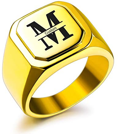 OTXIXTO Anfangsring Buchstabe Siegelring für Männer Frauen Personalisierter Name Gravierter Edelstahl Modeschmuck Hochzeit Paare Vatertagsgeschenk mit Ringgröße Einsteller (Gold, Größe 57)