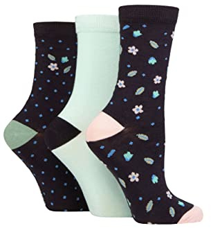 Glenmuir Womens Patterned Bamboo Socks Bright and Colourful, Fun Designs - Pack of 3 - Flowers Navy 4-8