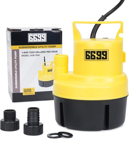6699 1/4HP Portable Sump Pump Submersible Utility Pump with 16.5FT Long Cable to Remove/Transfer Water from Flooding House Basement Pool Hot Tub Tankless Heater Flush Easy to Use SUB 1500