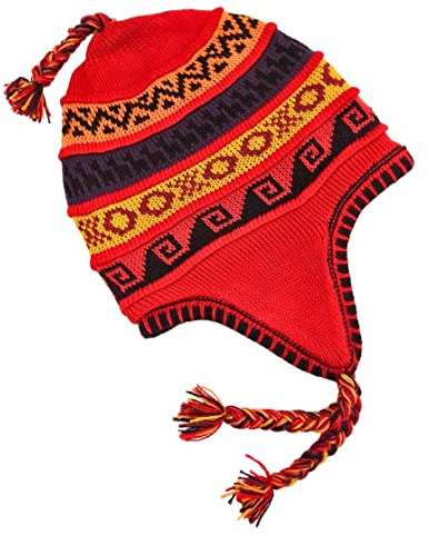 Peruanische Beanie Mütze für Damen und Herren - Weiche und Warme Mütze aus Peru - Alpaka, Rote Linie, Gelb, Medium