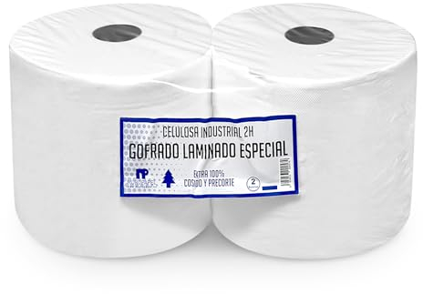 Pack 2 Bobinas Papel Industrial Celulosa Blanco - Rollos Mecánico de Pasta - Precorte Doble Capa - Resistente Para Talleres y Cocina - Acabado Laminado Extra Gofrado (7kg)