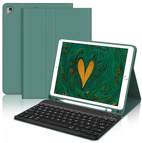 JADEMALL Coque Clavier pour iPad 9.7, iPad 6eme/5eme Generation 2018/2017 - iPad Air 2/1 2014/2013, AZERTY Clavier sans Fil Bluetooth Détachable Housse avec Pen Holder, Vert foncé