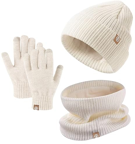 Winter Beanie Hut, Schal, Handschuhe Set für Kinder - Warme Wintermütze Mit Touchscreen Handschuhen und Rundem Schal für 5-12 Jahre (Beige)