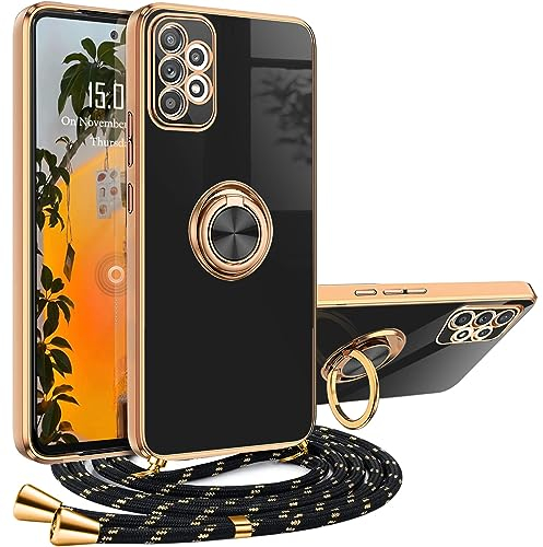 Handykette kompatibel mit Samsung Galaxy A52/A52S Hülle mit Band, Handyhülle mit Kette, Schutzhülle mit Band 360°Ring Ständer Case Luxuriös Galvanisierte Silikon Bumper Stoßfest Hülle mit Kette