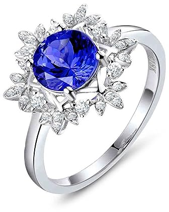 Verlobungsring Damen Weisgold, Ringe Frauen Modeschmuck 18K Gold Schneeflocke 4 Krappen 1,51 ct Runder Tansanit mit 0,18 ct Diamantgruppe Gr.60