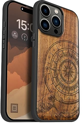 Carveit Holz Cover für iPhone 15 Pro Max Handyhulle kompatibel mit MagSafe Massivholz für Apple 15 pro max Handyhülle Stoßstange Weich TPU hulle(Nussbaum-Der Kompass vor Kanagawa Waves).