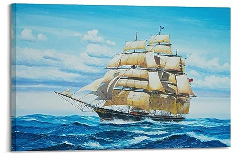 HAYKO Vintage-Poster im Ölgemälde-Stil, Segelschiff und Alter des Segels, dekoratives Gemälde, Leinwand-Wandposter und Kunstdruck, modernes Familienschlafzimmer-Dekor-Poster, 60 x 90 cm