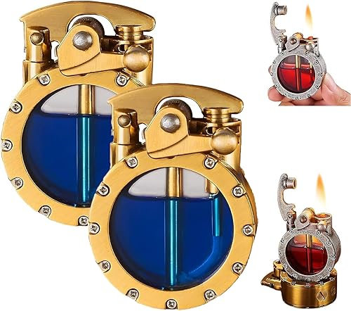 Vintage Grabenfeuerzeug, transparentes Kerosin-Feuerzeug, wiederverwendbar, Winddicht, Taschenfeuerzeug mit transparentem sichtbarem Kraftstofftank, antikes Steampunk-Feuerzeug (Gold*2)
