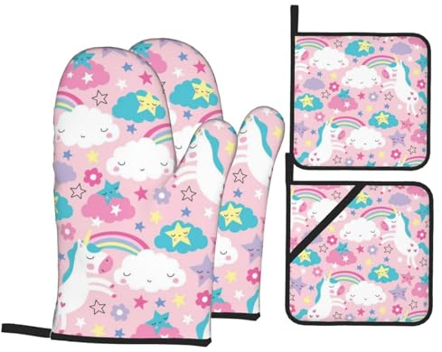 Oven Mitts and Pot Holder Set of 4 Rainbow White Unicorn Oven Gloves with Lanyard Oven Mitt for Kitchen Heat-Resistant Hot Pads BBQ Gloves for Cooking Baking