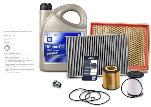 ATEC Germany Inspektionspaket Filterset mit 1x Ölfilter; 1x Innenraumfilter; 1x Luftfilter; 1x Kraftstofffilter; 1x Ölwechselanhänger; 5l Motoröl 5W-30 GM dexos Kompatibel mit OPEL ASTRA H