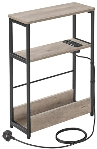 VASAGLE Slim Side Table with Charging Station, 3-Tier Narrow Bedside Table, End Table for Small Spaces, Magazine Rack, for Living Room, Bedroom, Study, Heather Greige and Ink Black LET335K06