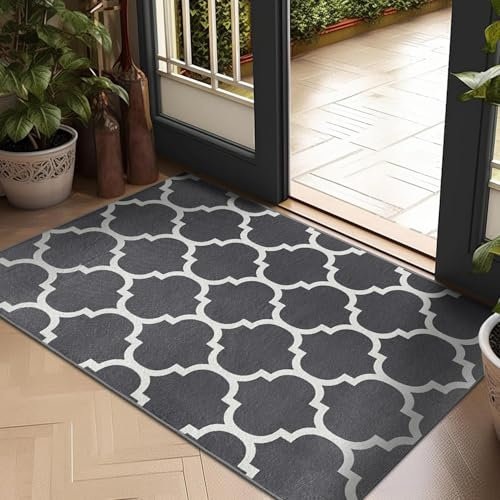Hafaa Rugs Living Room - Area Rugs for Bedroom Trellis Style Front Door Mat Indoor Modern Floor Carpet Non Shedding Durable Kitchen Mat Soft Touch Ava Grey Small Rug (40 x 60Cm)
