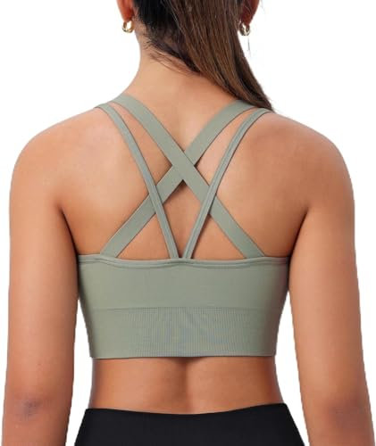 ULERSP Sport-BH für Damen, drahtlos, überkreuzter Rücken, gepolstert, mittlere Unterstützung, Workout, Yoga, Workout-BH, Grün , Large