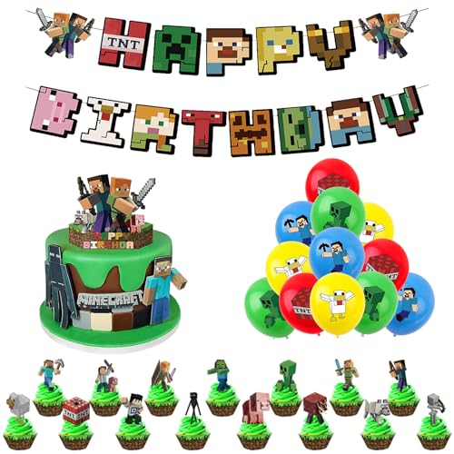 Minecraft Birthday Decorations Miner Gaming Theme Party Supplies,Minecraft Cake Toppers,Miner Game Balloons,Happy Birthday Banner for Minecraft Players Birthday Party Boys Girls Minecraft Party Deco