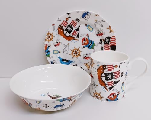 Juego de desayuno de 3 piezas con diseño de piratas, taza y cuenco de cereales de porcelana fina para niños, collage decorado a mano