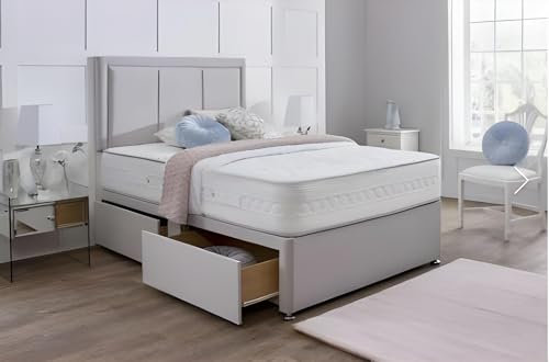 DivanBedsDeals - Luxurious Plush Cream Divan Small Double Bed | Bed Base with 20” Vertical Line Border Headboard & 2 Storage Drawers | Bed Frame with Spring Memory Foam Mattress
