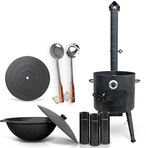 Utschak Feuerofen Ø 40 cm Herdplatte Ø43 cm 4 Ringe Kazan Ø 42,5 cm (12 L) runder Boden mit Thermometer Schornsteinverlängerung Schaumlöffel Schopfkelle 48 cm (Set - 556)