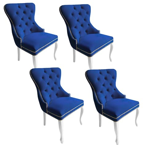 Meble Ares Esszimmerstühle 4er Set Madame - Glamour Stil - Samt Stuhl Esszimmer - Dining Chair - Seselstuhl Wohnzimmer, Schminktisch Stuhl - Ankleidezimmer Möbel - Buchenholz, Gesteppt, Dunkelblau