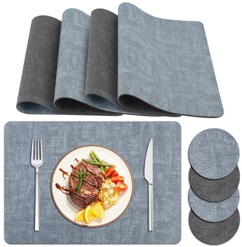 Lot de 4 Sets de Table Lavables Sous Assiette de Table Tapis de Table et Dessous de Verre - Bicolores - Aspect Cuir - Anti-Taches - Lavable - Gris et Bleu