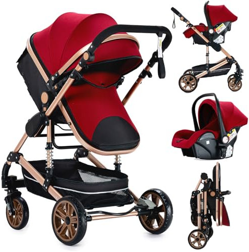 Nine point nine Trio Passeggino Neonati, Passeggino 3 in 1 con Doppia Modalità Spinta Reversibile, Carrozzina per Neonati con Grande Nacelle, Passeggino Trio con Telaio in Alluminio (739 Red)