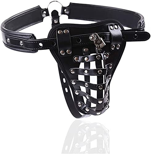 Soarvlorfy Einstellbar PU Leder Unterwäsche Peniskäfig, SM Fetisch Bondage Keuschheitsgürtel für Männer Strap on Slip Harness Erotische Kostüme Fessel Sexspielzeug mit Schloss