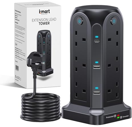 K-MART Tower Extension Lead with USB Slots, 18-IN-1 Surge Protected Extension Lead with 2M Extension Cable, 2 USB-C & 4 USB Ports, 12 UK Plug Sockets – Ideal for Home, Office & Workshop (Black)