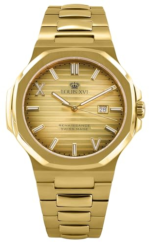 LOUIS XVI Renaissance 1600 - Ø 40 mm - Herren Uhr - Wasserdicht - Uhr mit Saphirglas - Armband Gold - Zifferblatt Gold - Schweizer Quarzwerk
