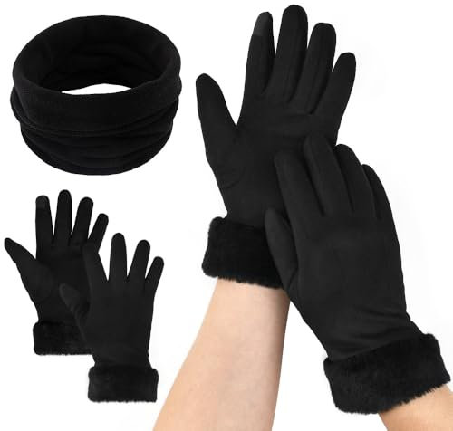 NAROSEBE Gants Hiver Femme et Cache Cou Chaud Femme, Gants Fourrés Femme à Écran Tactile, Moufle Chaude Femme en Polaire, Gant Thermique Anti Froid Femme, pour Cyclisme Exercice Sport Running, Noir