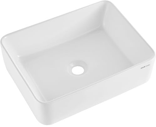 VEVOR Lavabo Rectangular, Lavabo de Cerámica Engrosada Blanca Brillante para Baño sobre Encimera, Estilo Moderno, Elegante y Luminoso, Perfecto para Baño, Hotel, Inodoro, 482 x 373 x 135 mm, φ 43 mm