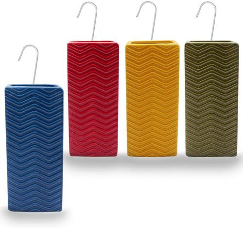 Paluplus Set 4 Evaporatori d'acqua per termosifoni in Ceramica, misura 8x4x18 cm, Umidificatore con motivo RIGHE A ONDE e gancio a forma di S, Colore Rosso, Blu, Giallo e Verde -5732F