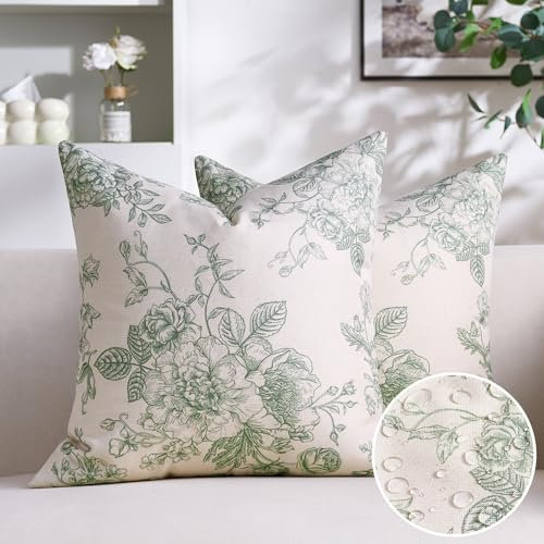 Outdoor Kissen Wetterfest Kissenbezug Wasserdichter Dekorative Kissenbezüge 45X45cm Kissenhüllen Salbeigrün Blumen Zierkissenbezug Frühling Sommer Rustikales Bauernhaus für Garten Sofa Couch 2er Set