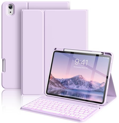 ZOYU Keyboard Case for iPad (A16) 11th Generation 11 Inch 2025, iPad 10th Generation Case 2022 10.9 Inch with Pencil Holder, 7 Colors Backlit Wireless Detachable Folio Keyboard - Purple