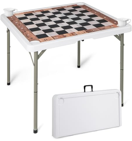 COSTWAY Schachtisch klappbar, 90 x 90 cm Schachspiel mit abnehmbarem Tischmatte & 4 Getränkehaltern, Schachbrett tragbar mit Tragegriff für Kinder Erwachsene Party Reisen