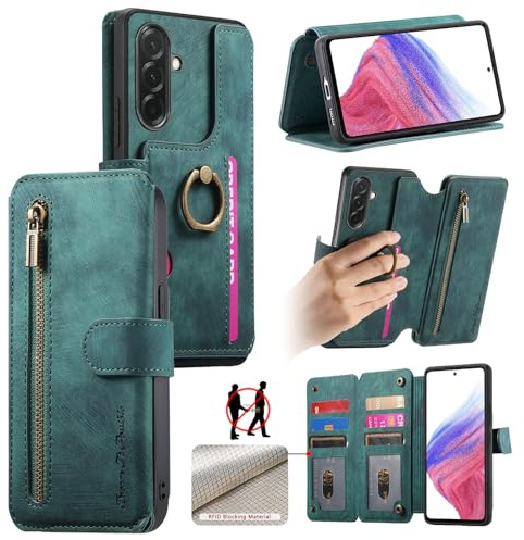 Trugox Handyhülle für Samsung Galaxy A56 5G Hülle Klappbar Klapphülle mit Kartenfächer RFID Reißverschluss Schutzhülle Ringhalter Ring Ständer Handytasche Leder Wallet Case - Grün