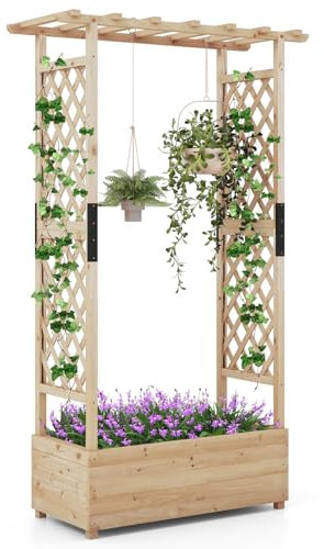 TANGZON Raised Garden Bed with Arch Trellis, Freestanding Ground Garden Planter Box, Outdoor Vertical Trough Planter Container for Vine Climbing Plant Flower Herb (Natural, 110 x 44 x 180 cm)