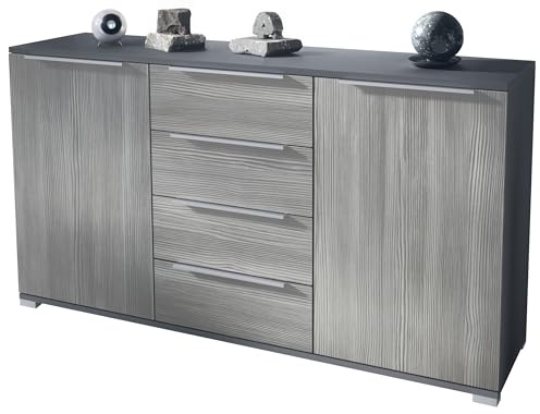 Vladon Sideboard Linio V1, Anrichte mit 2 Türen und 4 Schubladen, Anthrazit matt/Avola-Anthrazit (138,5 x 75,5 x 35 cm)